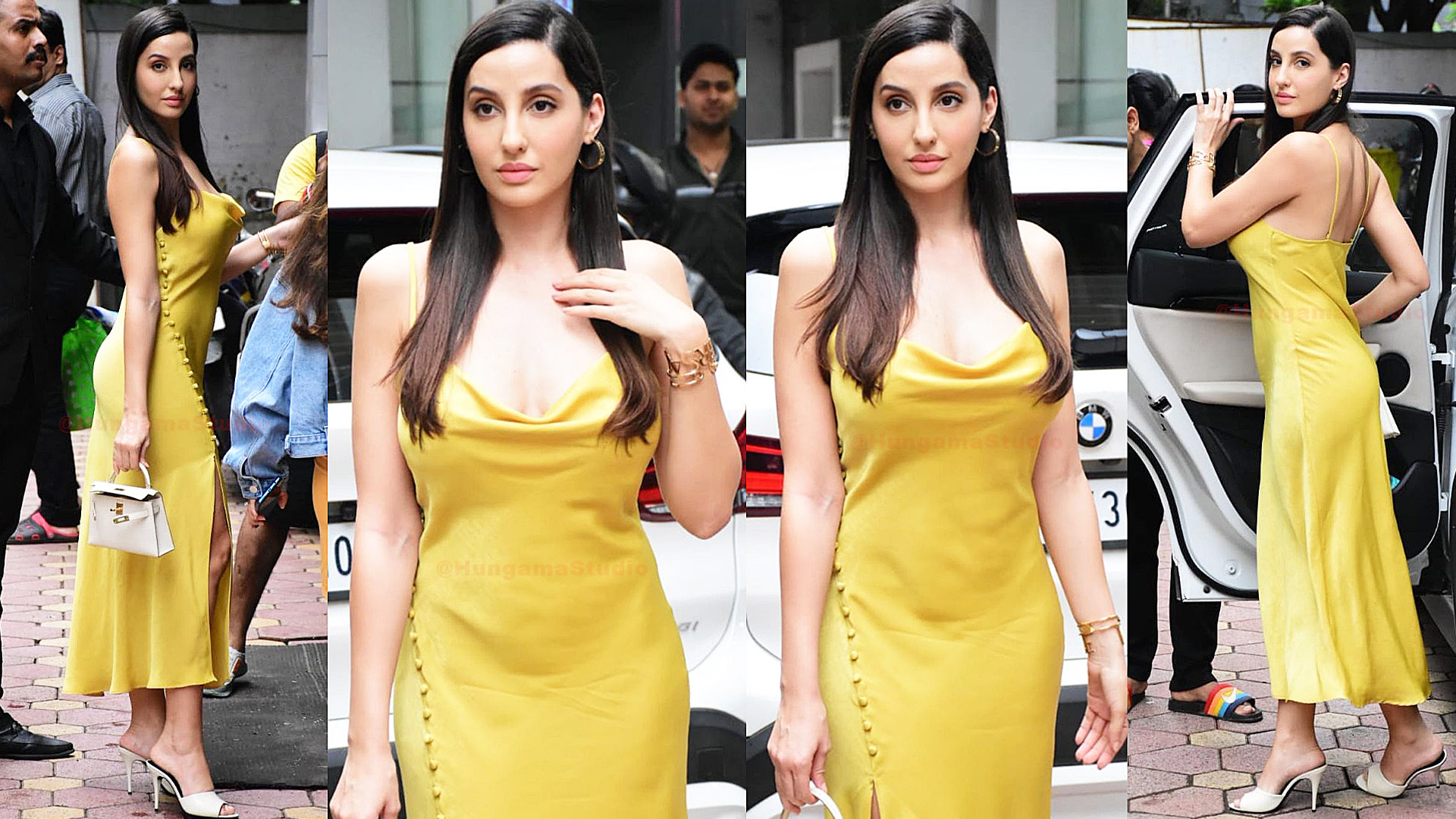 HOT ? Nora Fatehi ? With Golden Dress ? Arrive At Mitron Bar & Cafe