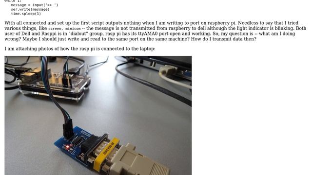 Raspberry Pi: Can't send data via serial port from Rasp Pi2 to Dell D630 laptop смотреть онлайн