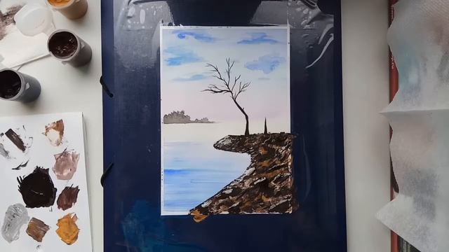 Пейзаж в смешанной технике (акварель и гуашь) смотреть онлайн