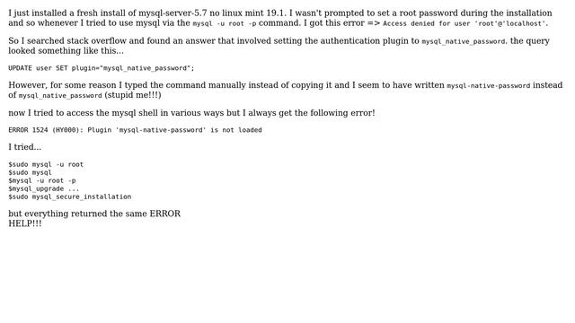 mysql: ERROR 1524 (HY000): Plugin 'mysql-native-password' is not loaded смотреть онлайн