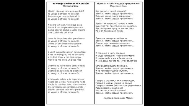Перевод песни Mercedes Sosa "Yo vengo a ofrecer mi corazón" смотреть онлайн