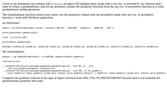 How to convert a spatial Oracle LOB object type to a Geodataframe listlike geometry object column? смотреть онлайн