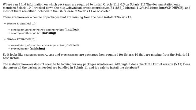 Databases: Which packages are required to install Oracle 11.2.0.3 on Solaris 11? смотреть онлайн