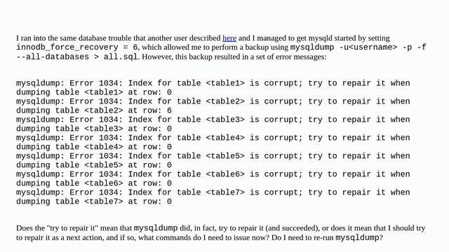 mysqldump: Error: Index for table is corrupt; try to repair it when dumping table - does this mea.. смотреть онлайн
