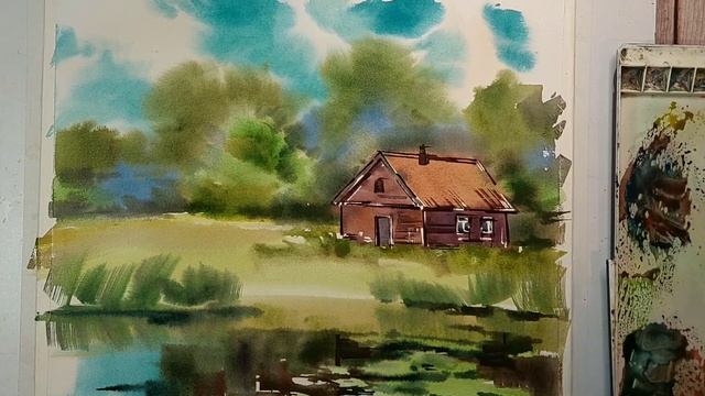 Домик у пруда, акварель для начинающих смотреть онлайн