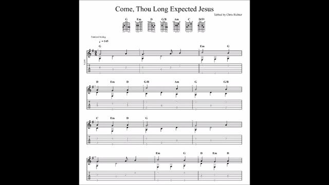 Come, Thou Long Expected Jesus with tablature/sheet music for solo fingerstyle guitar смотреть онлайн