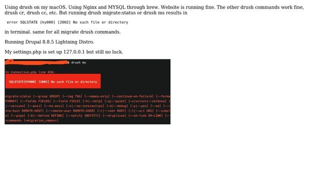 Drupal: drush migrate:status comes back with SQLSTATE [hy000] [2002] No such file or directory смотреть онлайн