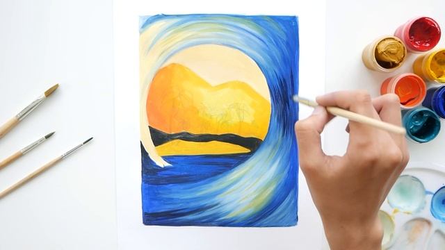 Как нарисовать ОКЕАНСКУЮ ВОЛНУ красиво ? Рисуем пейзаж , пальмы, океан гуашью смотреть онлайн