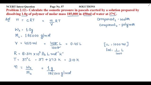 Calculate the osmotic pressure in pascals exerted by a solution prepared by dissolving 1.0g of.... смотреть онлайн
