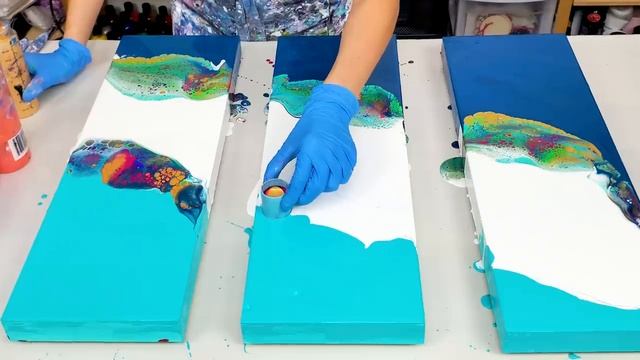 Crazy CELLS and AQUA Colors Acrylic Pouring Triptych? Ocean Art ~ Open Cup - Abstract Painting смотреть онлайн