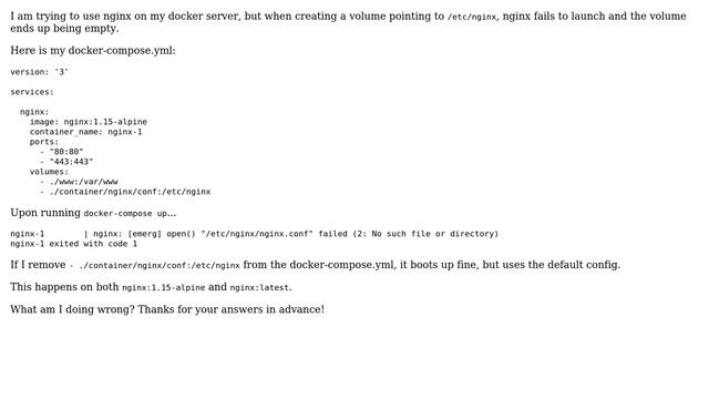 nginx fails to launch in docker when creating volume for /etc/nginx, volume ends up being empty смотреть онлайн