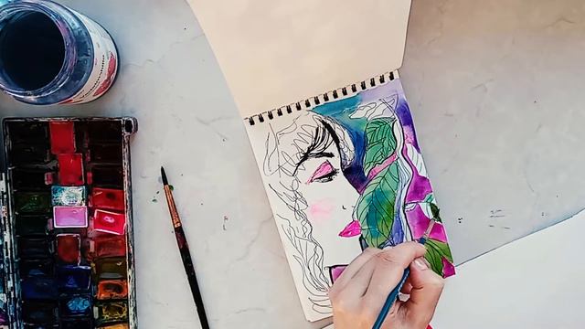 Рисунок в Скетчбуке - Девушка с цветком - Акварель смотреть онлайн