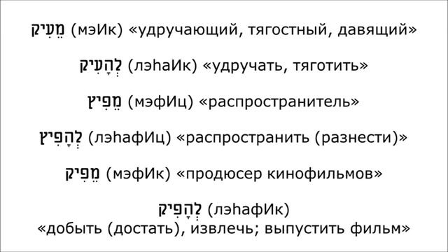 Урок № 139. Модели имён и глагольное управление "пустых" глаголов биньяна הפעיל (hифъИл) смотреть онлайн