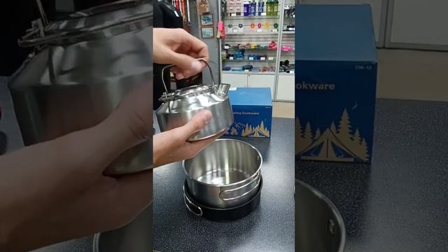 Туристическая посуда Сampleader из нержавеющей стали, набор 3 в 1. Кастрюля, чайник, сковорода. смотреть онлайн