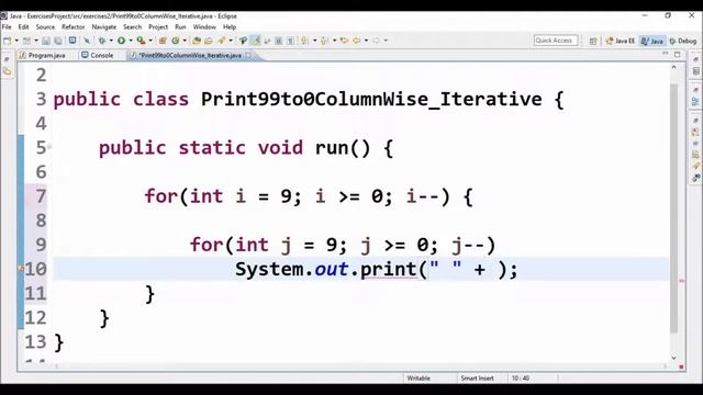 print 99 to 0 column wise iterative in java смотреть онлайн
