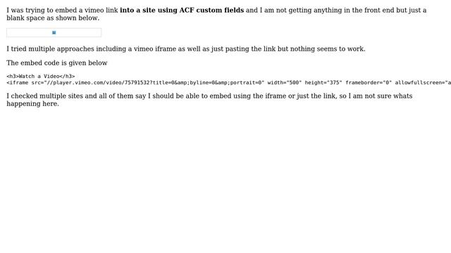 Wordpress: Vimeo video embeds doesnt seem to work with ACF смотреть онлайн
