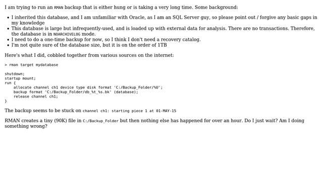 Databases: RMAN backup is stuck/taking a long time смотреть онлайн
