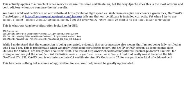 SSL and Apache: GeoTrust CryptoReport says "OK", but openssl says "unable to get local issuer... смотреть онлайн