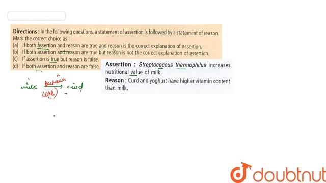 Assertion : Streptococcus Thermophilus Increases Nitritional Value Of Milk. Reason : Curd And Yo...