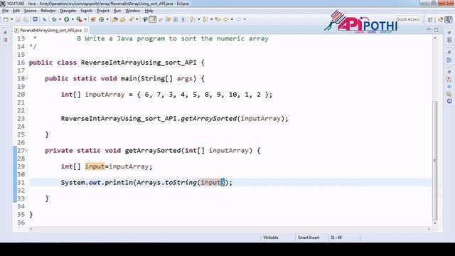 8_1 Write a Java program to sort the numeric array using “Arrays.sort()” смотреть онлайн