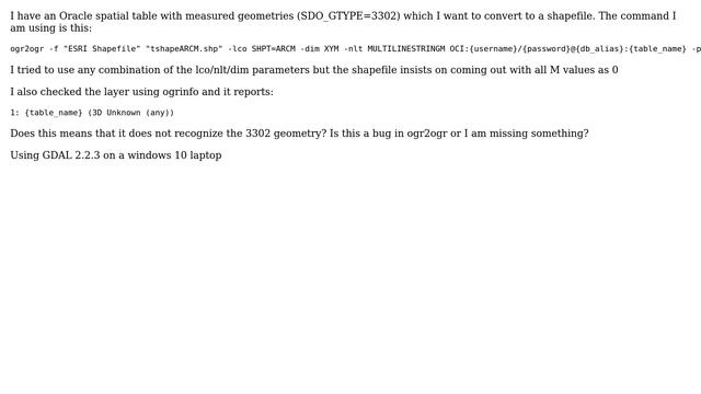 Using ogr2ogr to export an Oracle Spatial table with measured geometries (3302) to a shapefile... смотреть онлайн