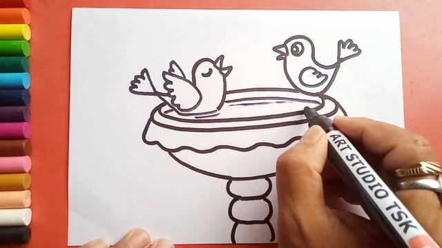Cute Birds bathing in the fountain step by step drawing смотреть онлайн