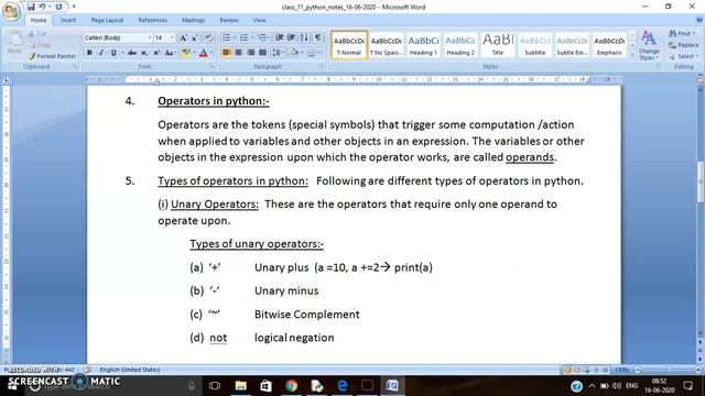 class 11 python video_1 16-06-2020 (Use of Unary and Binary types of operators in python) смотреть онлайн