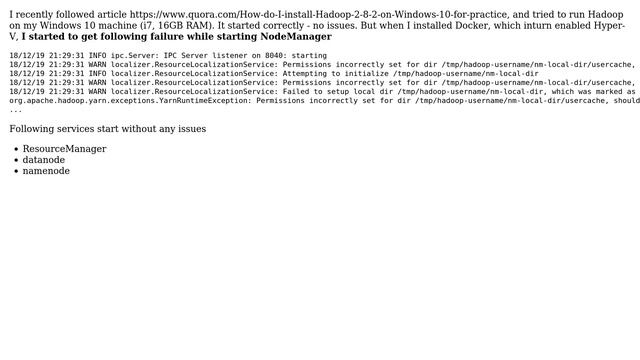 Running Hadoop 2.8.0 on Windows 10, YarnRuntimeException Permissions incorrectly set, should be... смотреть онлайн