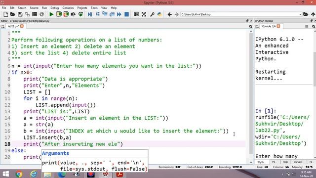 Python Lab Part 22:Perform following operations on a list of numbers: Insert, delete ,sort etc. смотреть онлайн