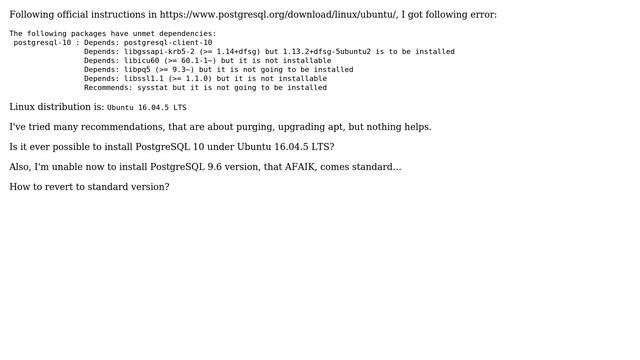 Unmet dependencies for PostgreSQL 10 under Ubuntu 16.04.5 LTS (xenial) (2 Solutions!!) смотреть онлайн