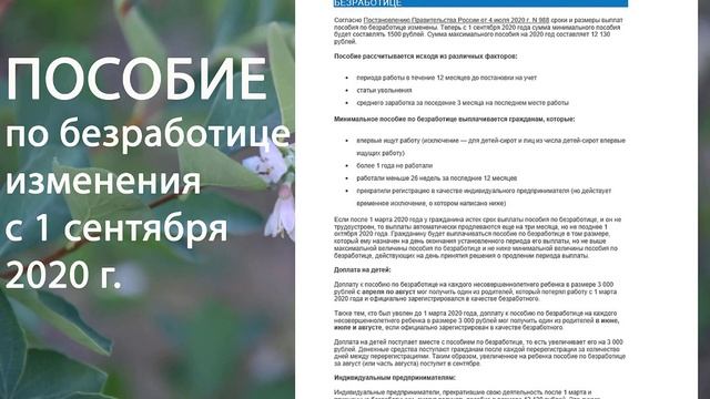 Пособие по безработице с 1 сентября 2020 года. Изменения. смотреть онлайн
