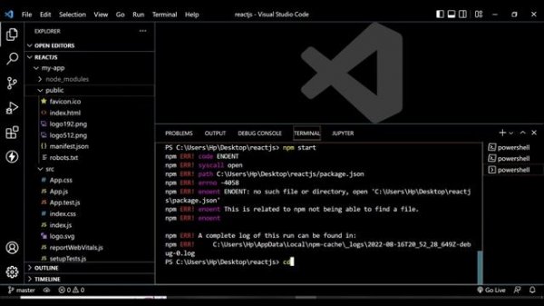 Fix npm start error React, npm ERR code ENOENT and how to start npm in Visual Studio Code