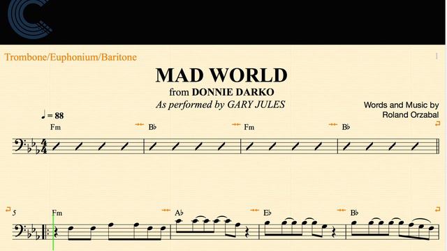Trombone - Mad World - Gary Jules - Donnie Darko - Sheet Music, Chords, & Vocals смотреть онлайн