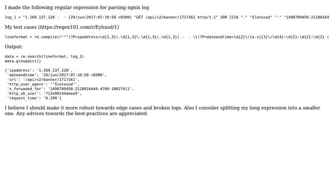Code Review: Regex for nginx log parser смотреть онлайн