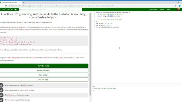 Functional Programming Add Elements to the End of an Array Using concat Instead of push 14/24FreeC смотреть онлайн