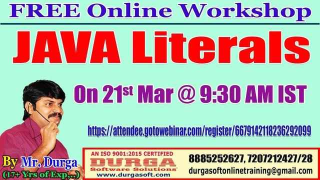 Java Literals (FREE Online Workshop) On 21st March @ 9:30 AM IST by Durga sir смотреть онлайн