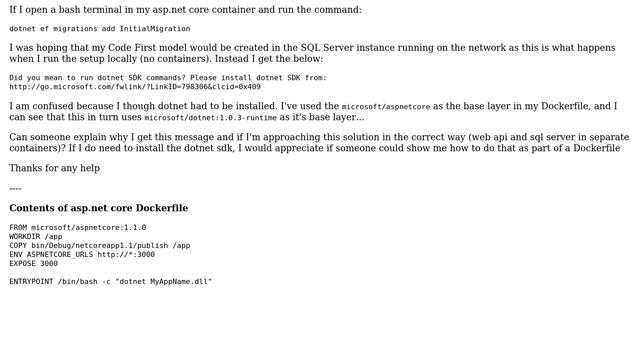 EF Core migrations using asp.net core, SQL Server and Docker yields dotnet SDK error смотреть онлайн