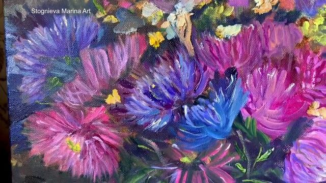 Asters in a green vase, flowers original oil art by Ukrainian artist, link to order in description смотреть онлайн