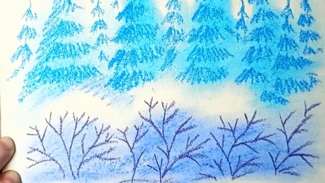 Зимний лес и снегири. Рисунок сухой пастелью. смотреть онлайн