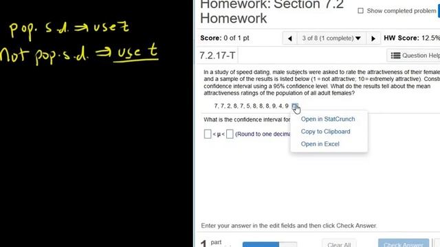 Construct a 95% Confidence Interval for the Mean using T Stats with Data and StatCrunch смотреть онлайн