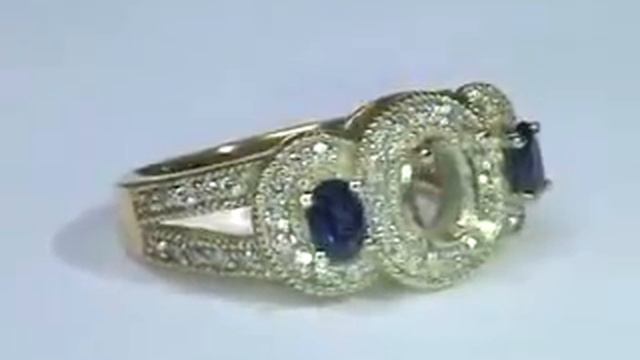 ES427 Three Stone Oval Diamond & sapphire pave Halo Split Band Diamond Engagement Ring Yellow Gold смотреть онлайн