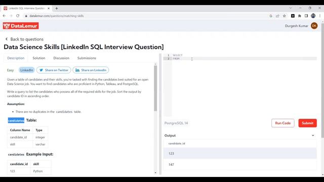 Data Science Skills [LinkedIn SQL Interview Question] | Data lemur Question 1 | Interview Question смотреть онлайн