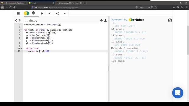 1160 - Crescimento Populacional - URI Online Judge - Python 3 смотреть онлайн