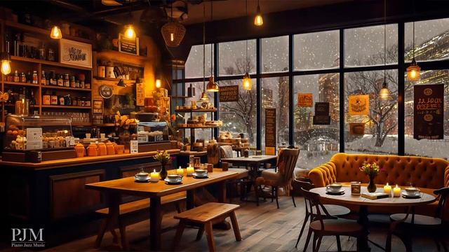 Cozy Snowy Night at a Winter Coffee Shop Ambience ☕ Snowfall and Smooth Jazz Music for Relaxation смотреть онлайн