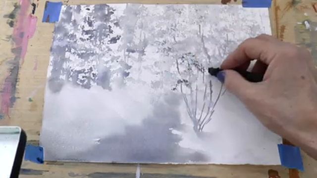 Зимний пейзаж Пейна и белая гуашь. Winter scene in mix medium- payne's grey and white gouache смотреть онлайн
