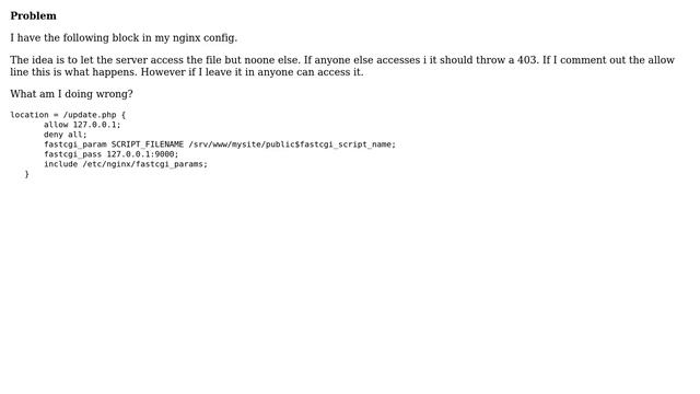DevOps & SysAdmins: Nginx "allow 127.0.0.1" in location block letting in all users смотреть онлайн