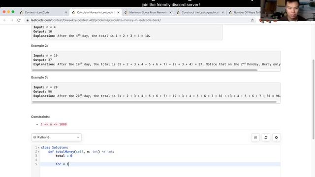 1716. Calculate Money in Leetcode Bank (Leetcode Easy) смотреть онлайн