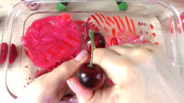CHERRY SLIME Mixing Makeup And Glitter Into Clear Slime Satisfying Slime Videos