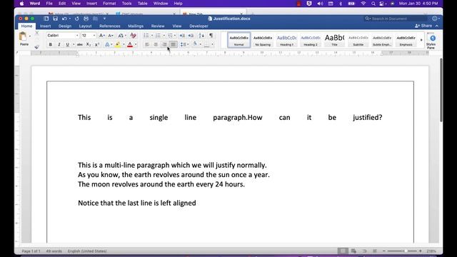 MS Word - Easily Solving Single Line Paragraph JUSTIFY Problems - Windows And Mac