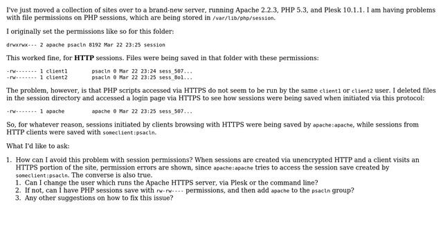 Plesk + Apache + PHP (FastCGI): Constant session permissions problems, conflicts between HTTP /... смотреть онлайн